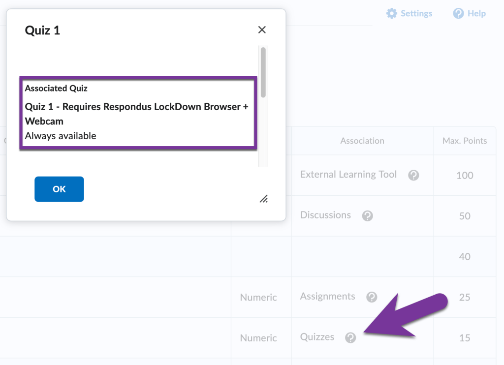 pop up window showing title of quiz associated with the Quiz 1 grade item
