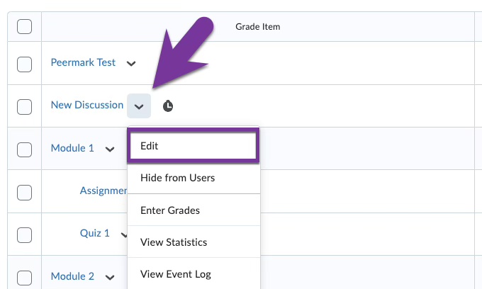 screenshot of grade item from manage grades with menu expanded. edit is highlighted