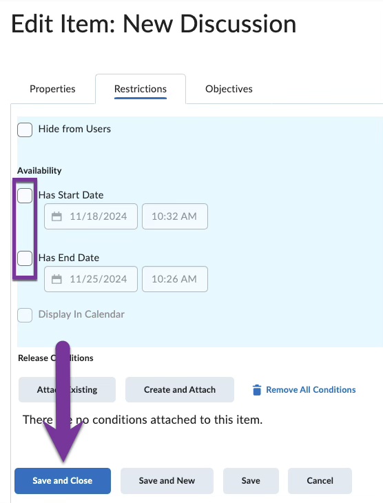 screenshot showing start and end dates to uncheck