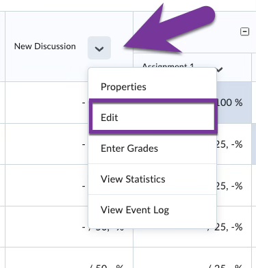 screenshot of grade item with menu expanded. edit is highlighted