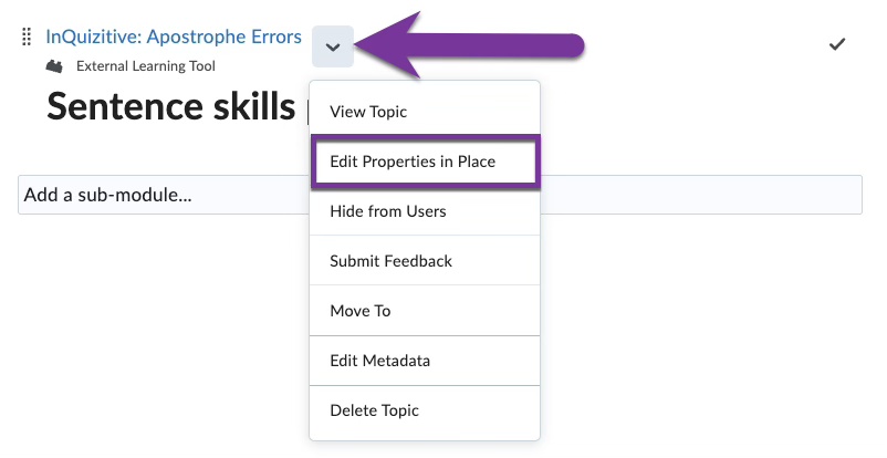 screenshot of external learning tool context menu open and edit properties in place is highlighted