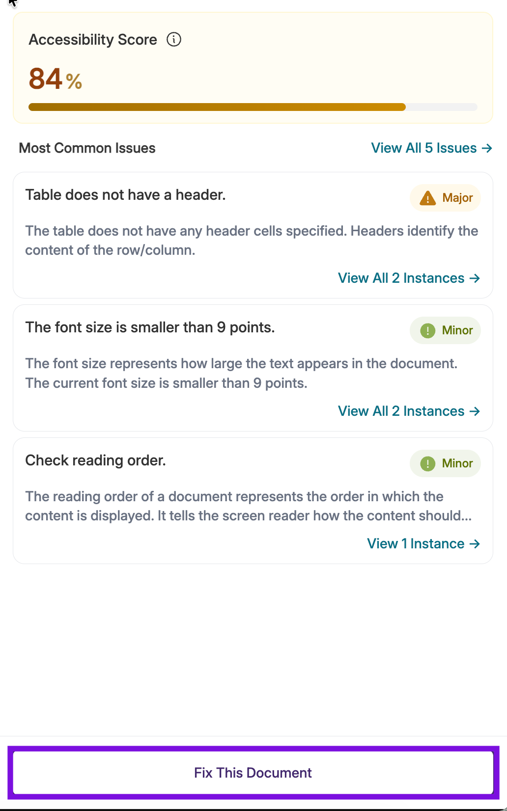 screenshot of fix this document button