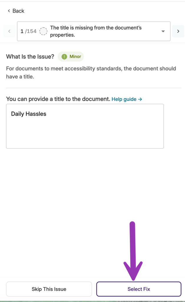 screenshot of select fix button