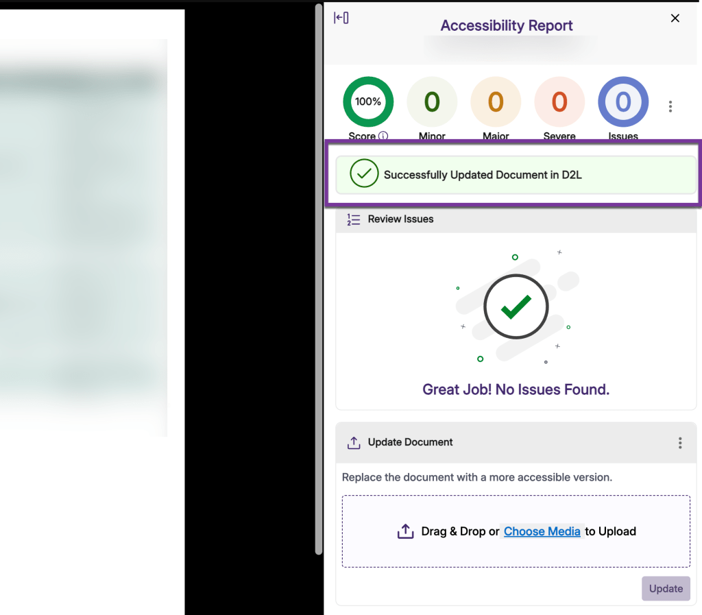 screenshot of successfully updated in d2l message