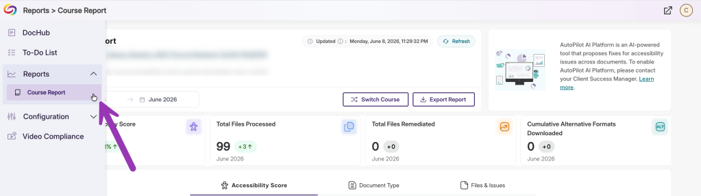 screenshot of course report from menu