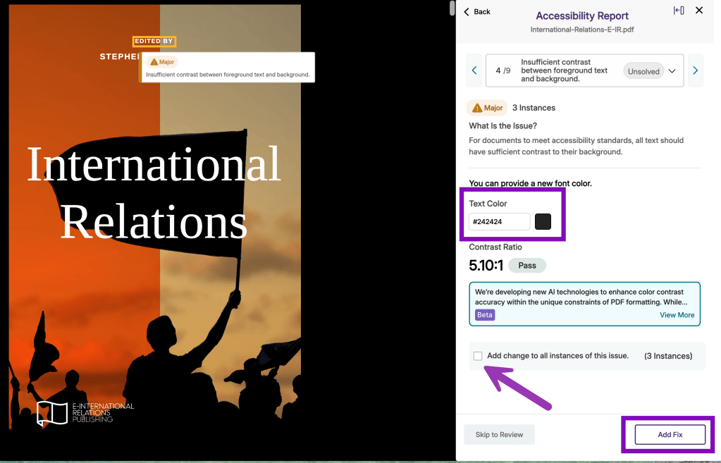 screenshot of accessibility report with add change to all instances box highlighted and add fix button