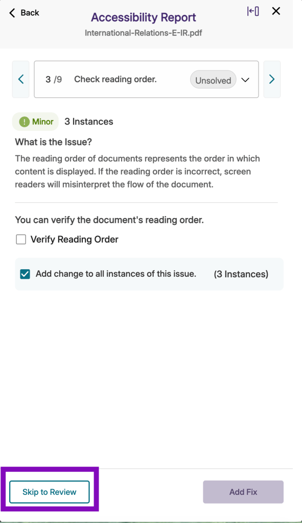 screenshot of skip to review button