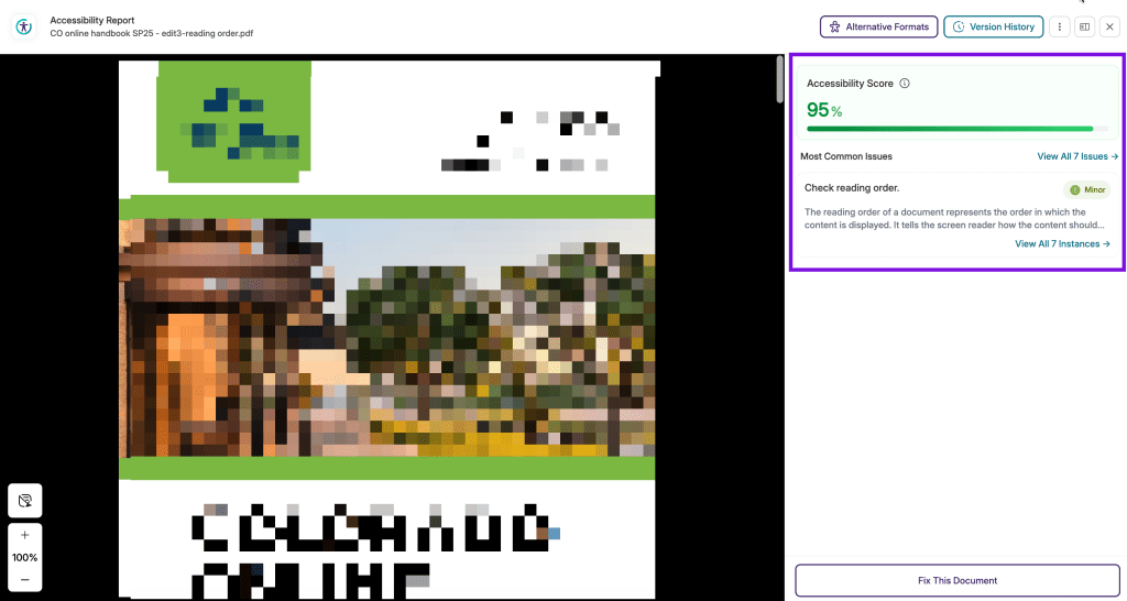 screenshot of accessibility score and most common issues