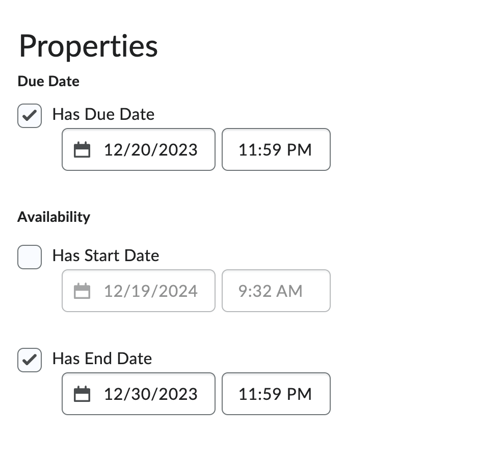 screenshot of properties and due, start, and end dates