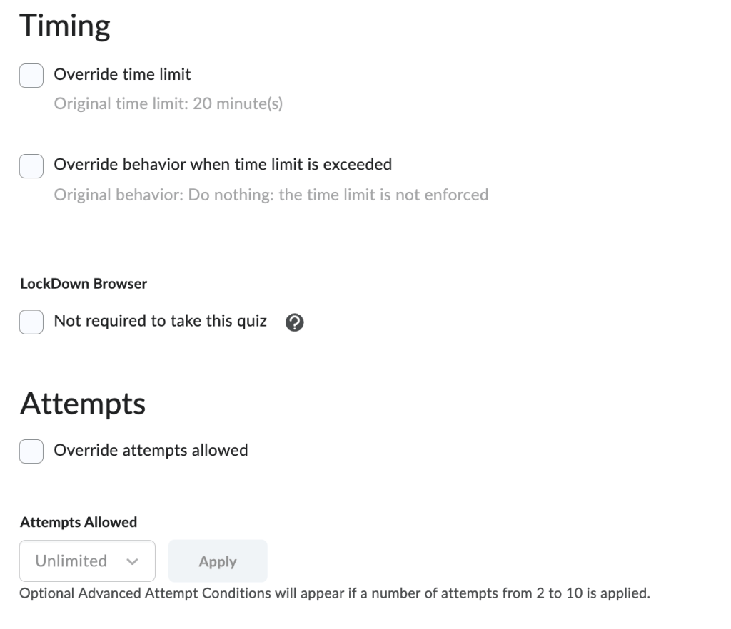screenshot of timing and attempts sections