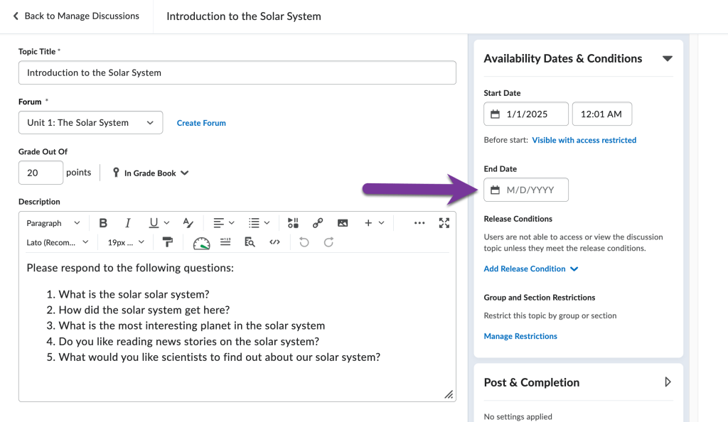 screenshot of end date under availability dates & conditions menu