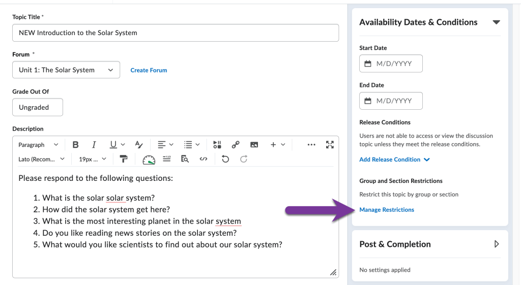 screenshot of manage restrictions option in the availability dates & conditions menu