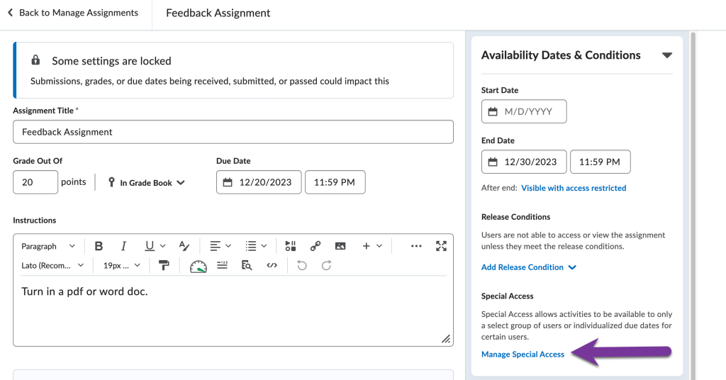 screenshot of availability dates & conditions menu opened and manage special access highlighted