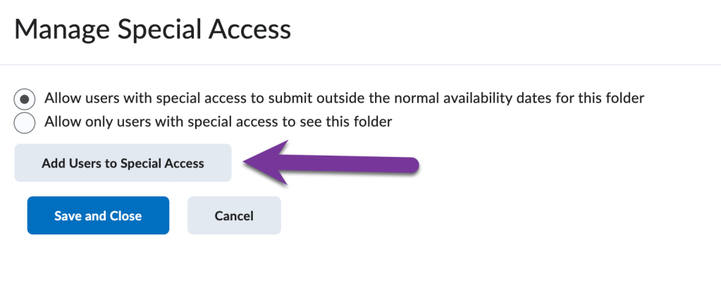 screenshot of manage special access window with add users to special access highlighted