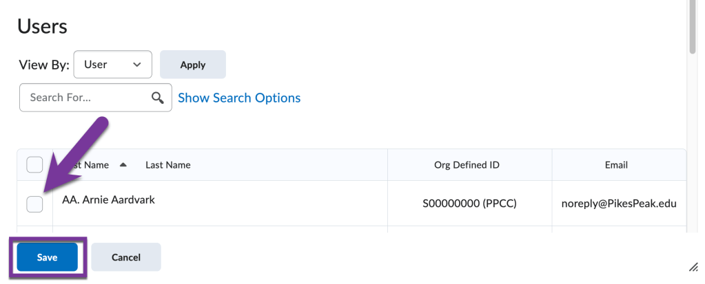 screenshot of check boxes for users and save button