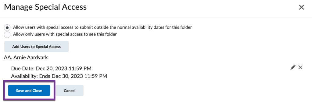 screenshot of special access window with arnie ardvark's new assignment dates
