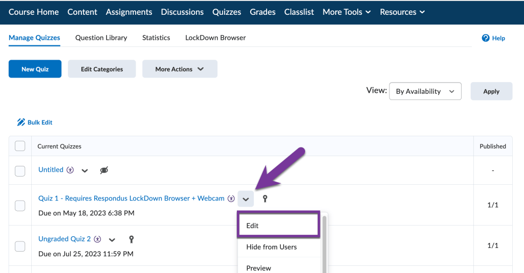 screenshot of quiz context menu with edit option highlighted
