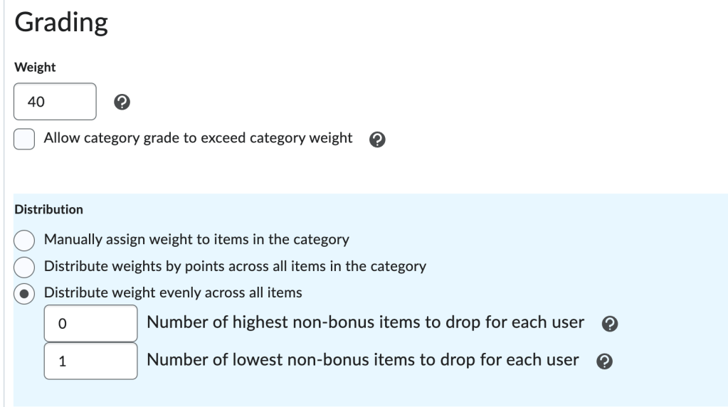 screenshot of grade distribution options for weighted gradebook