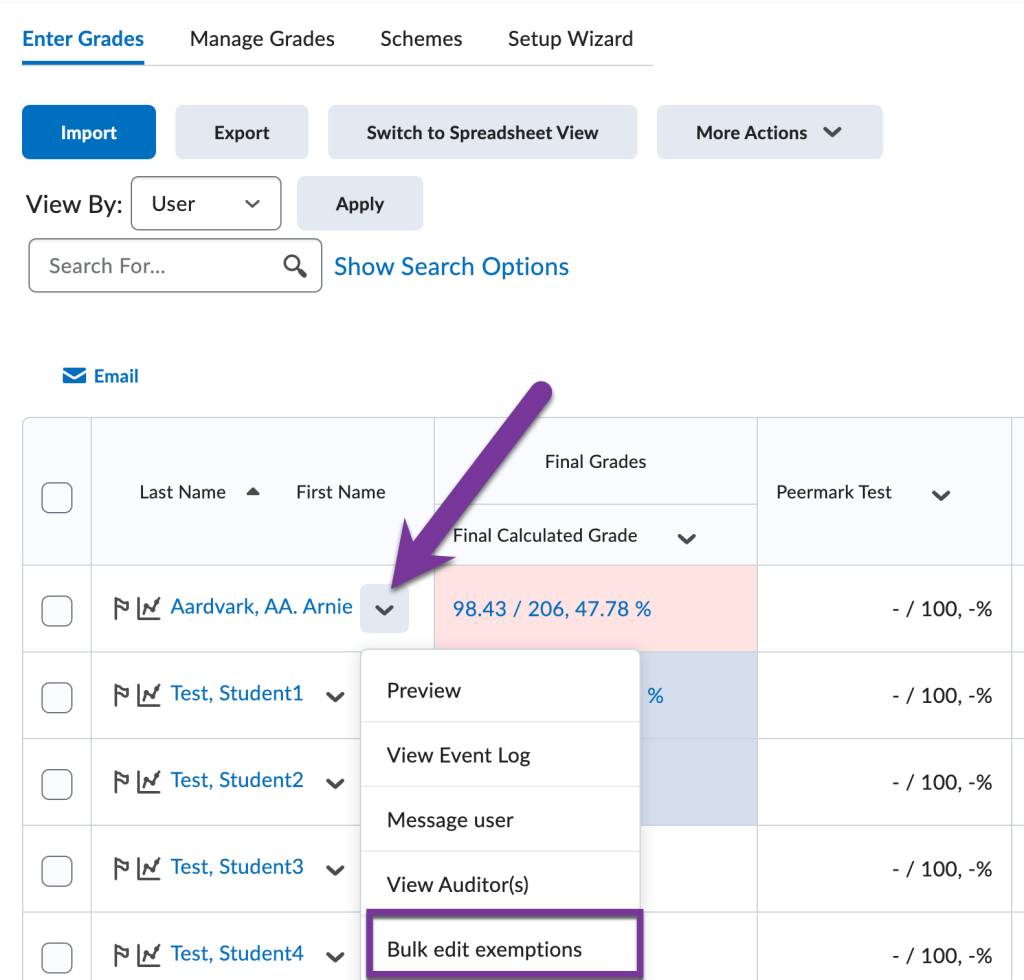 screenshot of student context menu with bulk edit exemptions highlighted
