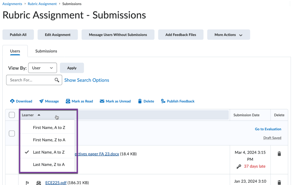 screenshot of Assignment area showing options to sort by first name or last name A to Z or Z to A