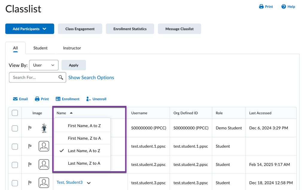 screenshot of classlist showing options to sort by first name or last name A to Z or Z to A