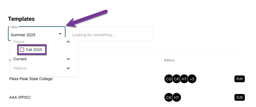 screenshot of future terms selection
