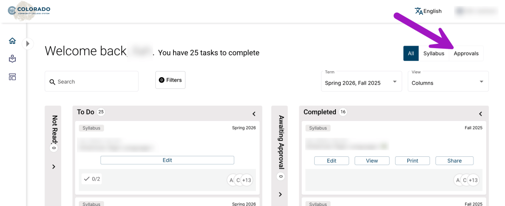 screenshot of simple syllabus dashboard with approvals button highlighted.