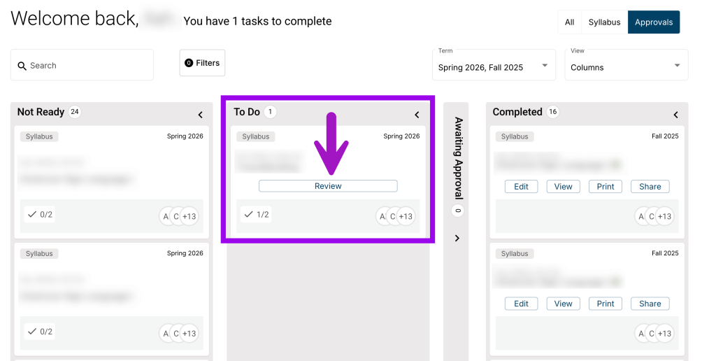 screenshot of syllabus in to do column with review button highlighted.