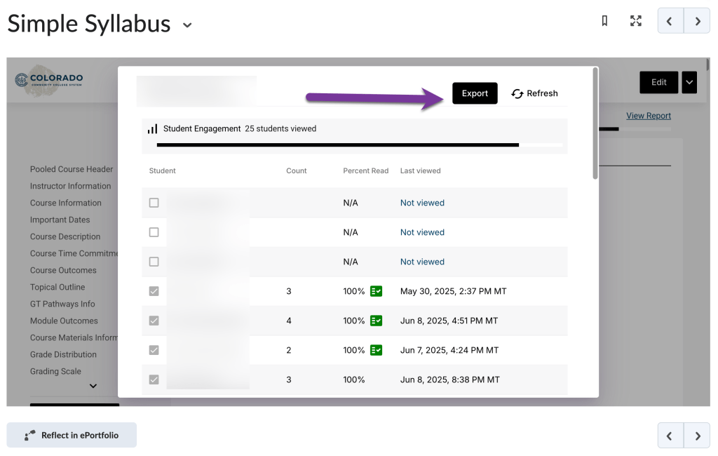 screenshot of export button