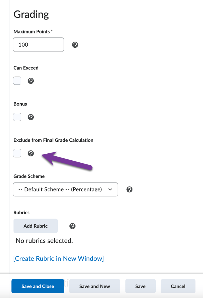 screenshot showing exclude from final grade calculation checkbox