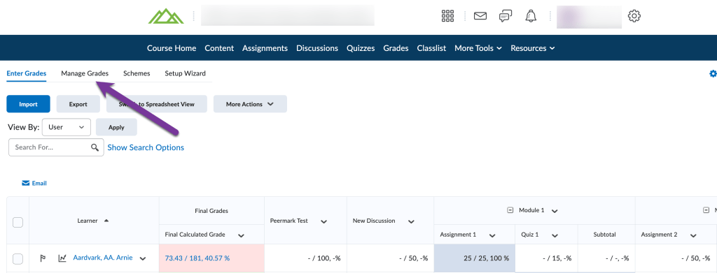 screenshot of manage grades tab