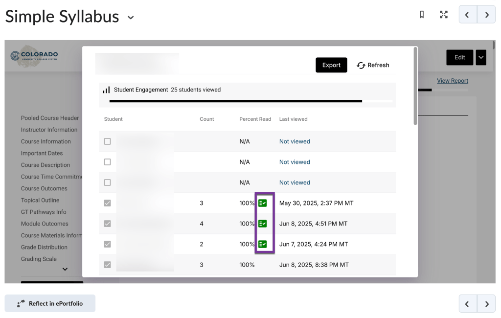 screenshot of checklist acknowledgement icon