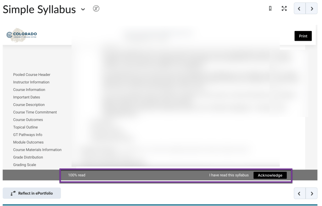 screenshot of student view showing acknowledge button