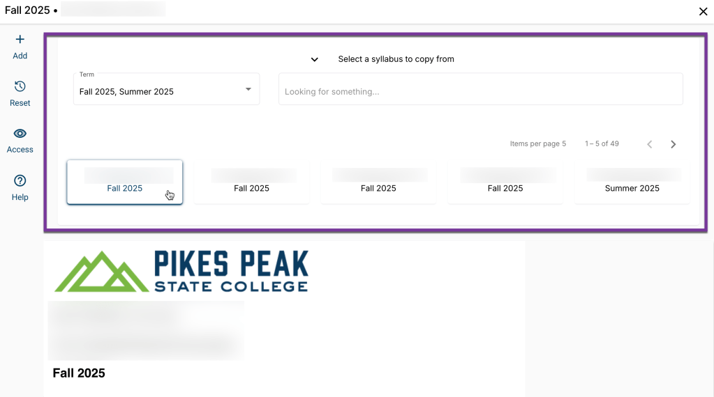 screenshot of select syllabus to copy from section