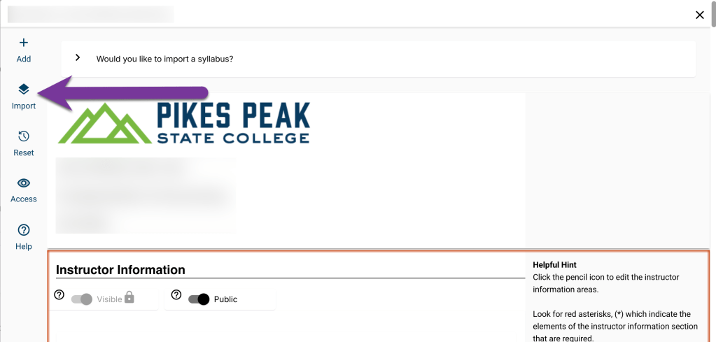 screenshot showing import icon