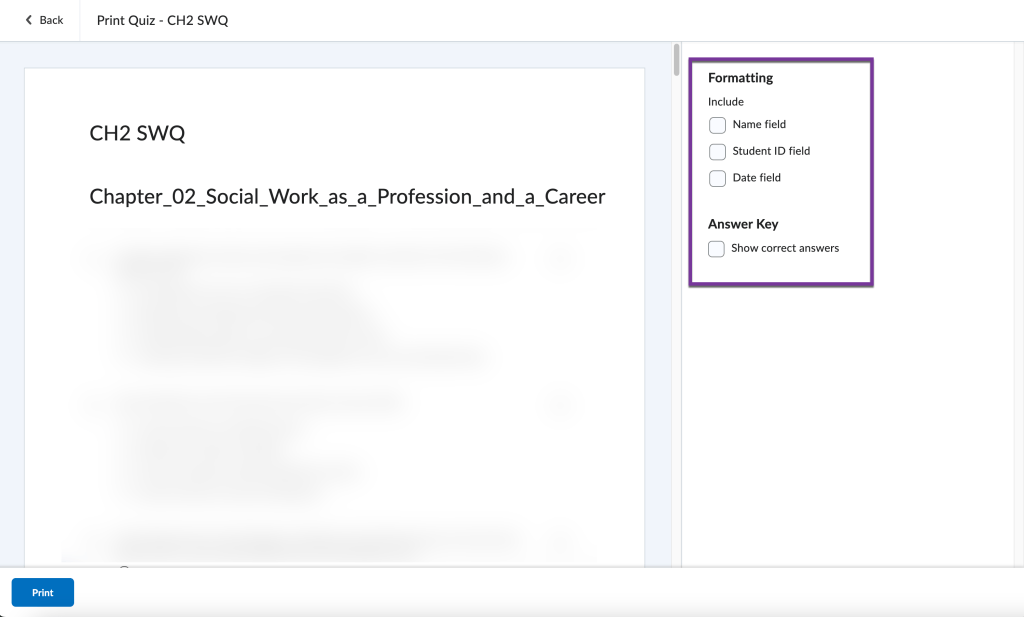 screenshot of print window with settings to choose from