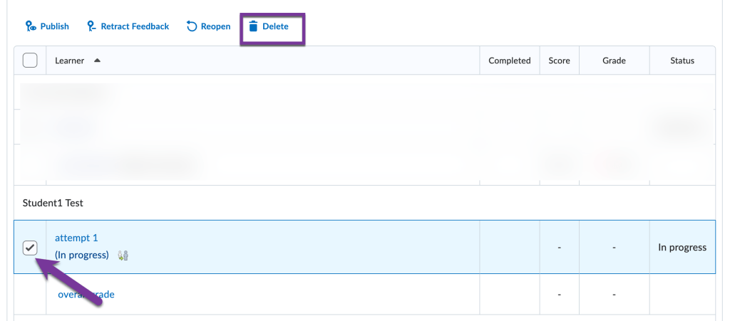 screenshot of delete icon with student attempt checked