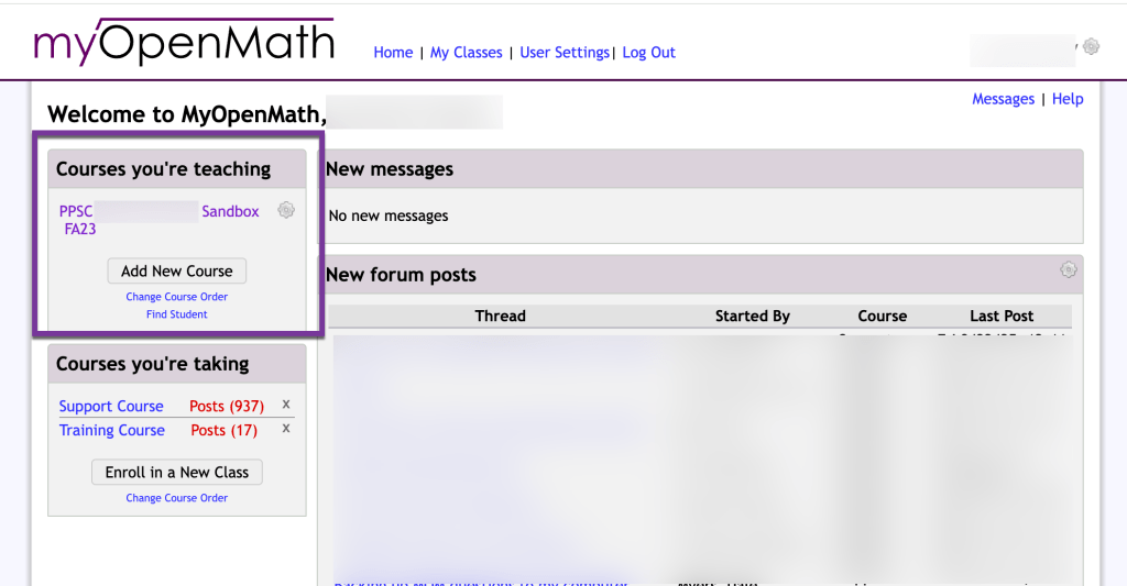 screenshot of my open math instructor portal with courses area highlighed