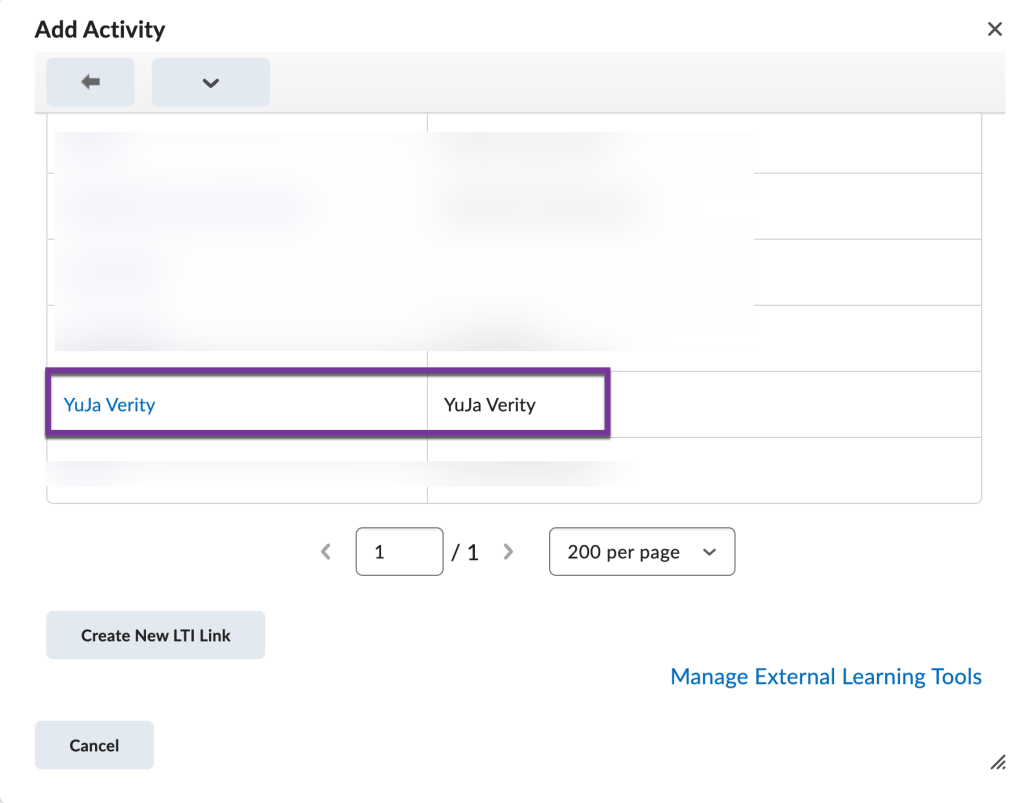 screenshot of add activity menu with yuja verity highlighted