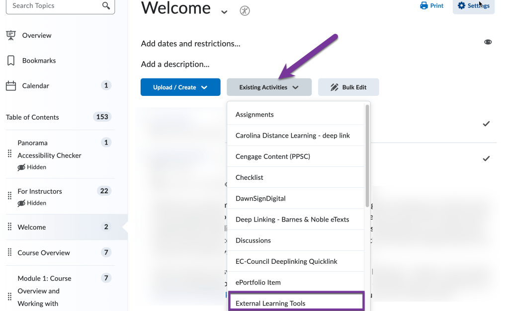 screenshot of existing activities button with External Learning Tools highlighted