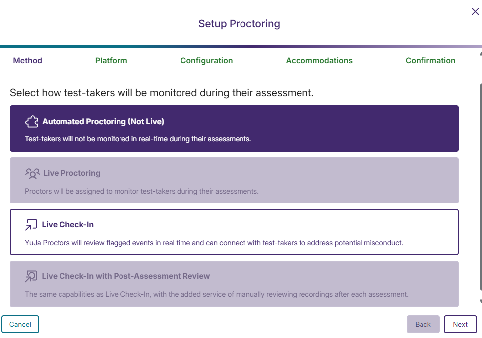 screenshot of automated proctoring and live check in proctoring options