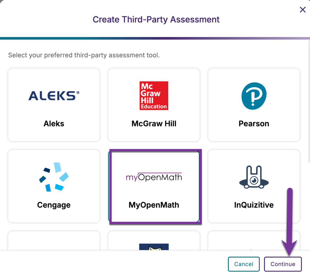 screenshot of third party options with MyOpenMath selected