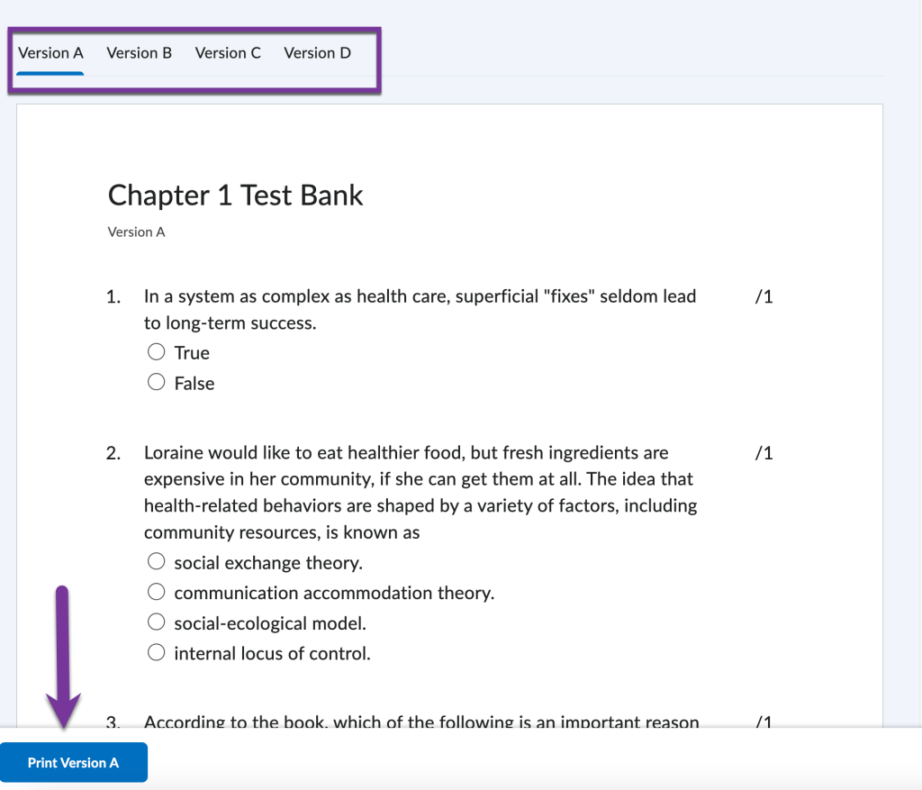 screenshot showing the different version tabs and print button