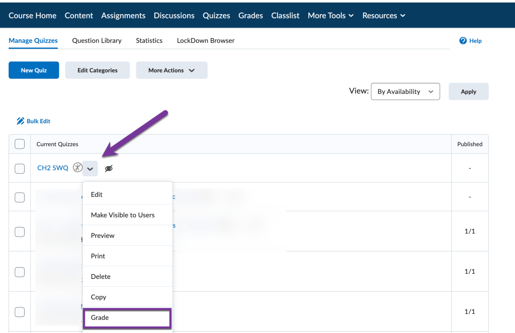 screenshot showing quiz context menu with grade highlighted