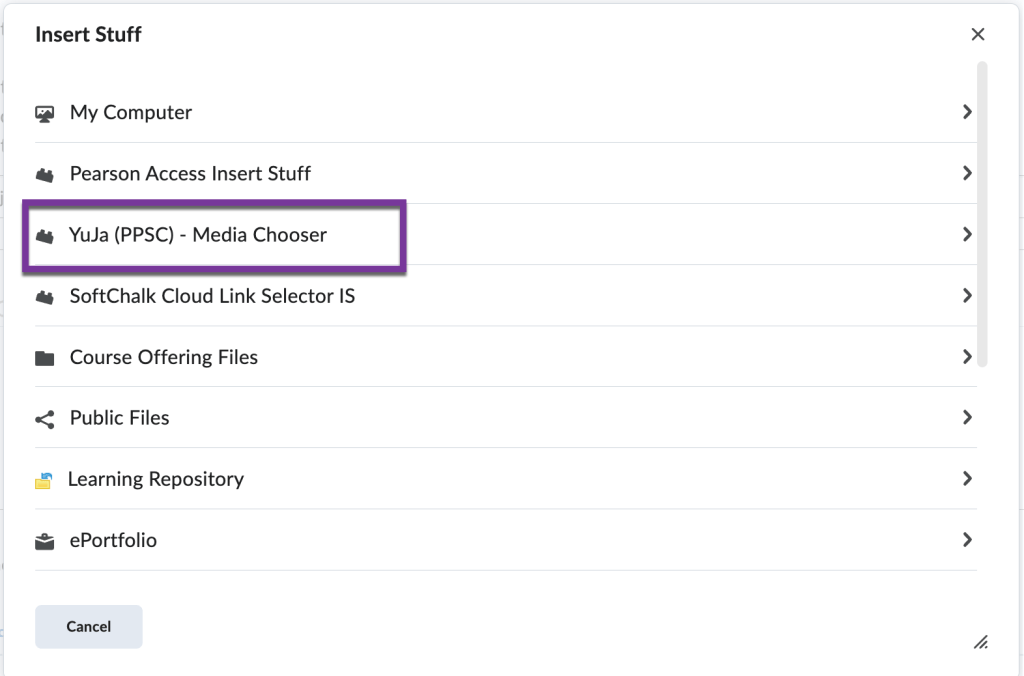 screenshot of yuja media chooser option