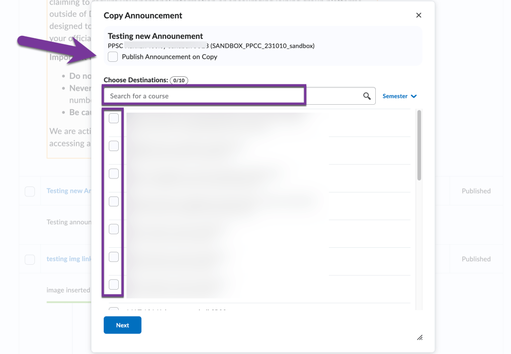 screenshot of publish announcment on copy box and search bar