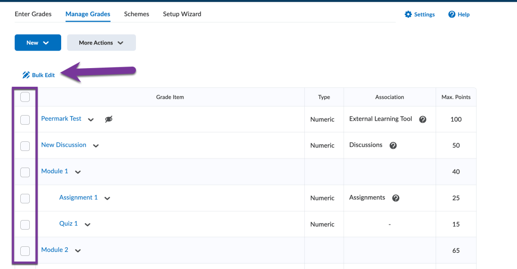 screenshot showing check boxes for grade items and bulk edit link