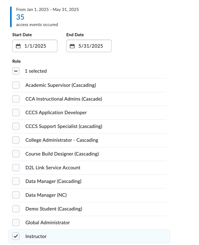 screenshot showing time period and role selection