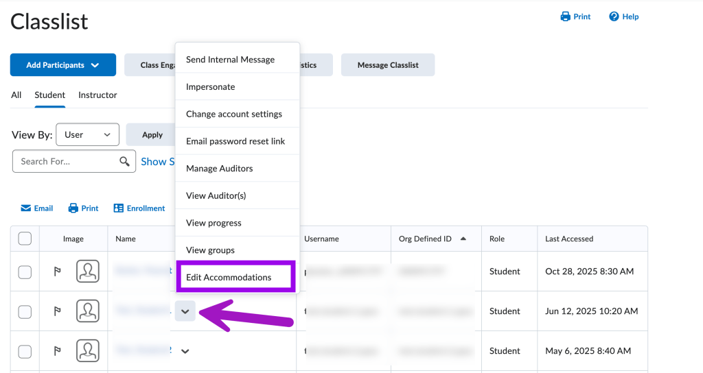 screenshot showing class list with edit accomodations highlighted