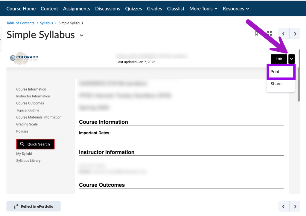 screenshot of print option from the edit menu